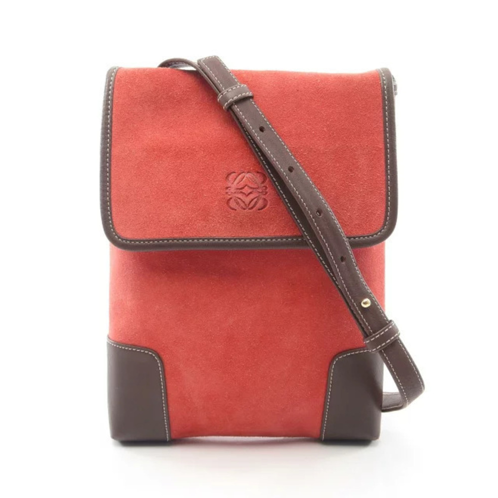 Loewe Anagram Shoulder Bag Suede Leather Red Brown